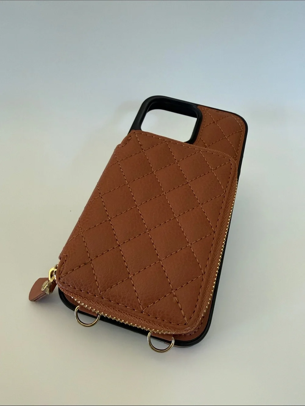 Brown Quilted Zipper Wallet Phone Case for iPhone 16 ProMax